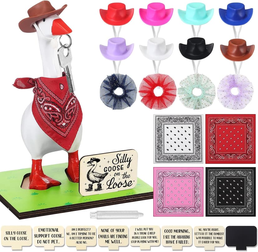28 Pcs 7" Magnetic Goose Key Holder Cute Resin Goose Statue with Cowboy Hats Bandanas Writable Interchangeable Signs Chalk for New Apartment Housewarming Gifts Office Table Desk Home Decor