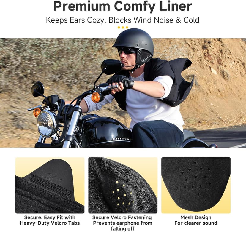Moman HEB Half Helmet Speaker Pockets, Ear Pads for Motorcycle Helmet Headset Motorbike Headphone Helmet with Narrow or Wide Straps Blocks Wind Noise & Cold