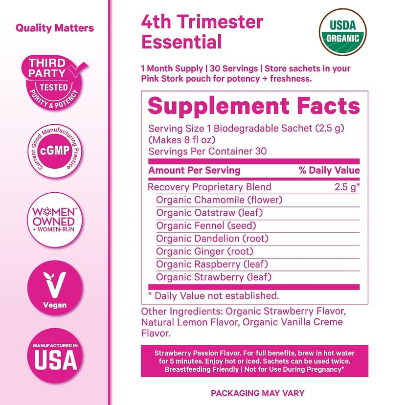 Pink Stork Postpartum Recovery Herbal Tea, Organic Red Raspberry Leaf with Chamomile, Hormone Balance for Women After Labor and Delivery, Strawberry Passion, Hot or Iced, Caffeine-Free, 15 Sachets