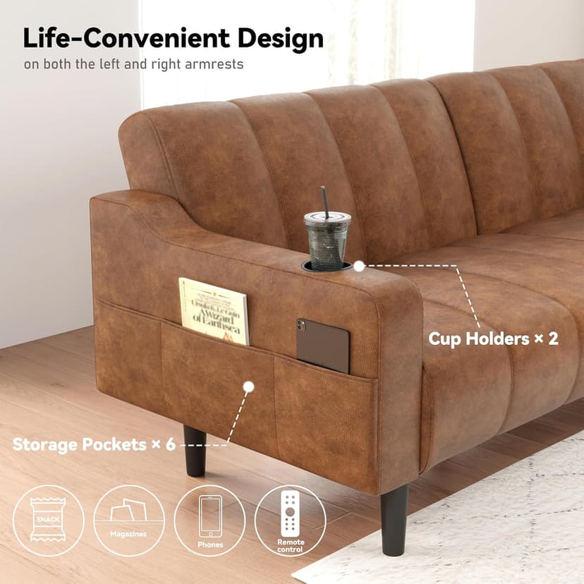 Brelice 80'' Leather Couch, Futon Sofa Bed, Faux Leather Couch with Adjustable Backrest, 2 Cup Holders & Side Pockets, Mid Century Modern Sofa for Living Room, Bedroom, Brown