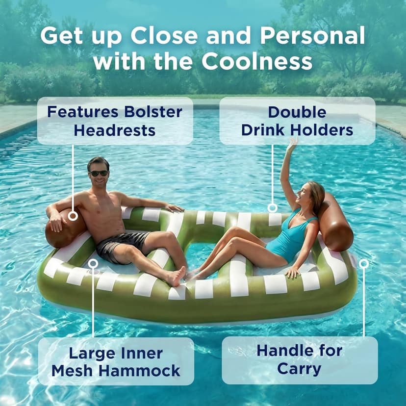 Funscape Large Inflatable Pool Floats, 87" x 53" Water Floating Hammock Tanning Pool Louger Adults, Outdoor Sun Bathing Tan Bed Mesh Mat, Swim Water Raft Floatie Summer Beach Lake Party Gifts (Green)