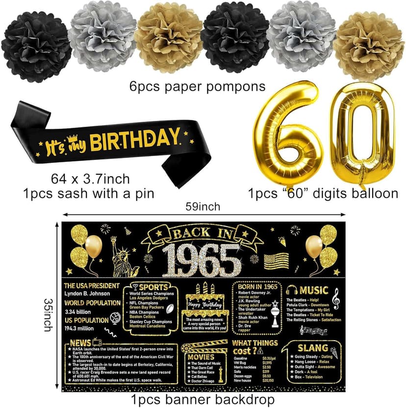 Zirtorei 60th Birthday Decorations for Men, 21pcs Vintage 1965 Banner Party Supplies, Black Gold 60 Year Old Birthday Backdrop, 60 Birthday Honeycomb Centerpiece Hanging Swirls Balloon Sash Gifts