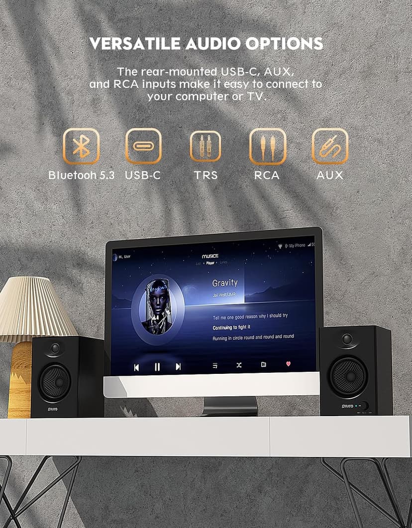 OHAYO 60W Computer Speakers for Music and Gaming, Active Bluetooth 5.3, Stereo 2.0 Speakers for Desktop PC or Laptop, 3.5mm Aux RCA USB Input, 1 Pair, Black