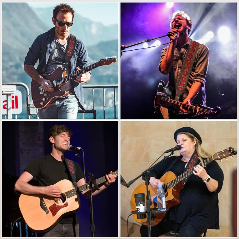 Guitar Strap and Bass Strap, Embroidered Guitar Strap, Adjustable Strap Length, Equipped with 3D Sponge Filled Foam Pad, Comes with 4 Picks + 2 Strap Locks, Best Gift for Guitar Players, Vintage Red