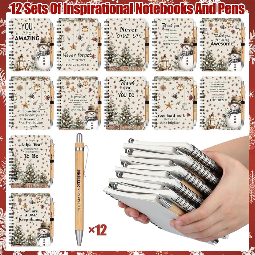 Gueevin 24 Pcs Christmas Employee Appreciation Gift Bulk Thank You Gift for Coworkers 12 Sets Xmas Inspirational Spiral Notebook and Bamboo Pens for Office Staff Team Volunteer Nurse Teacher(Snowman) B0H5BJXK8S