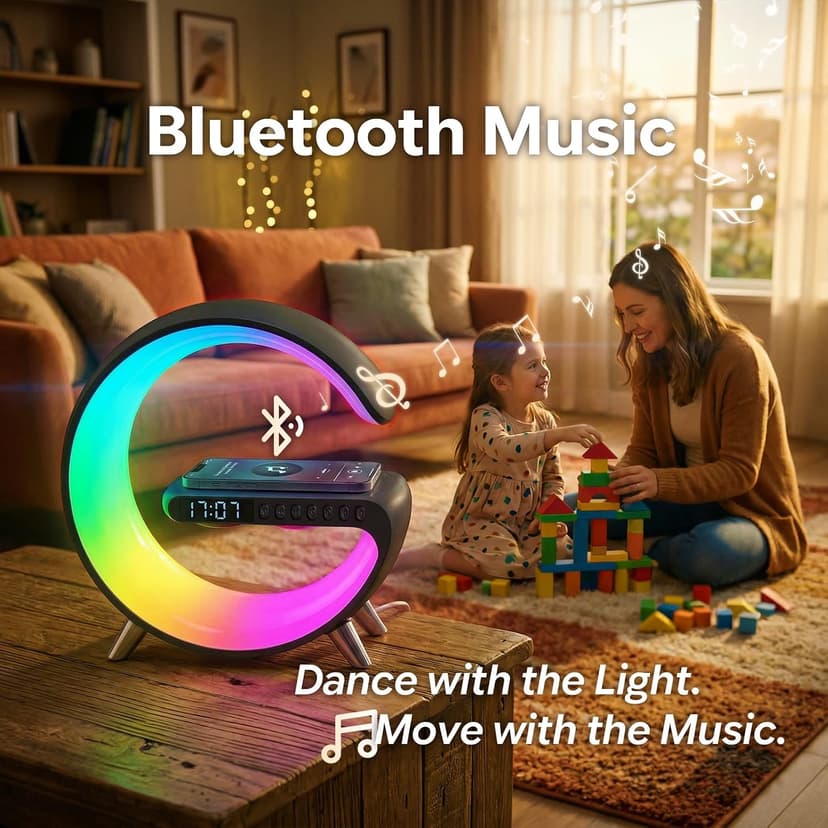 Smart LED Table Lamp for Bedroom with Wireless Charging Bluetooth Speaker, App Controlled Night Light for Kids, Christmas Birthday Gifts for Teens Adults Desk Office Bedroom Decor (Black B0GTYVCXBM