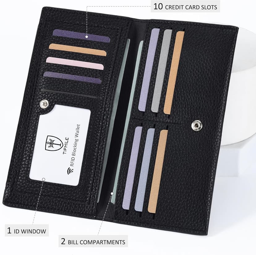 Tipmile Slim Wallet for Women, RFID Blocking Credit Card Holder, Ladies Bifold Wallet with Zipper, Black