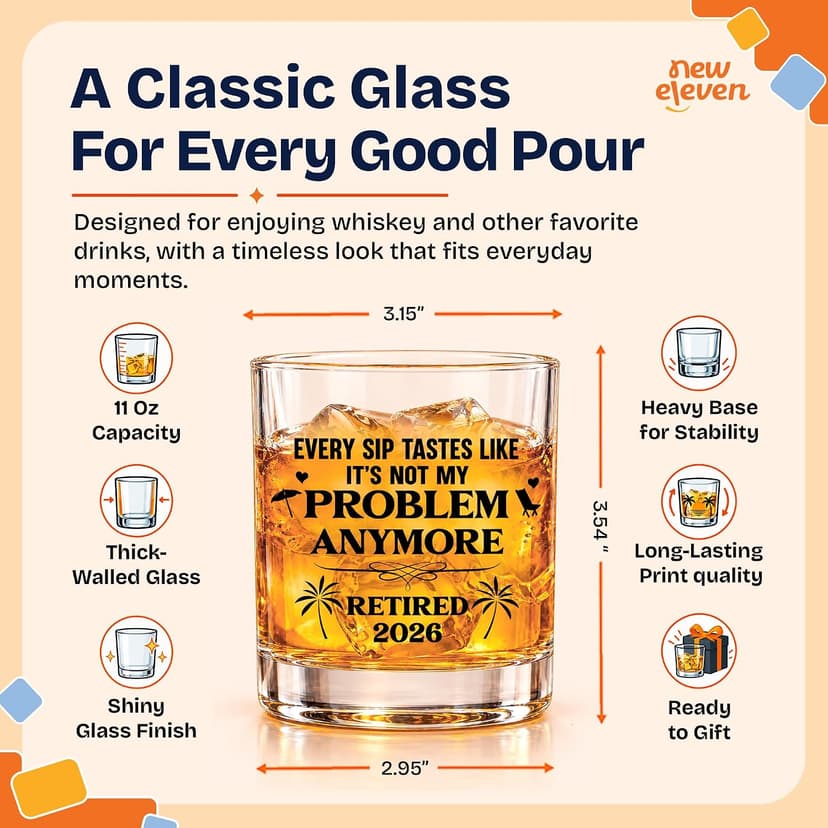 NewEleven First Christmas Retirement Gifts For Men 2025 - Coworker Leaving, Goodbye Gift, Farewell Gifts For Coworkers, Friends, Dad, Grandpa - Retirement Gift From Friend, Colleague - Whiskey Glass