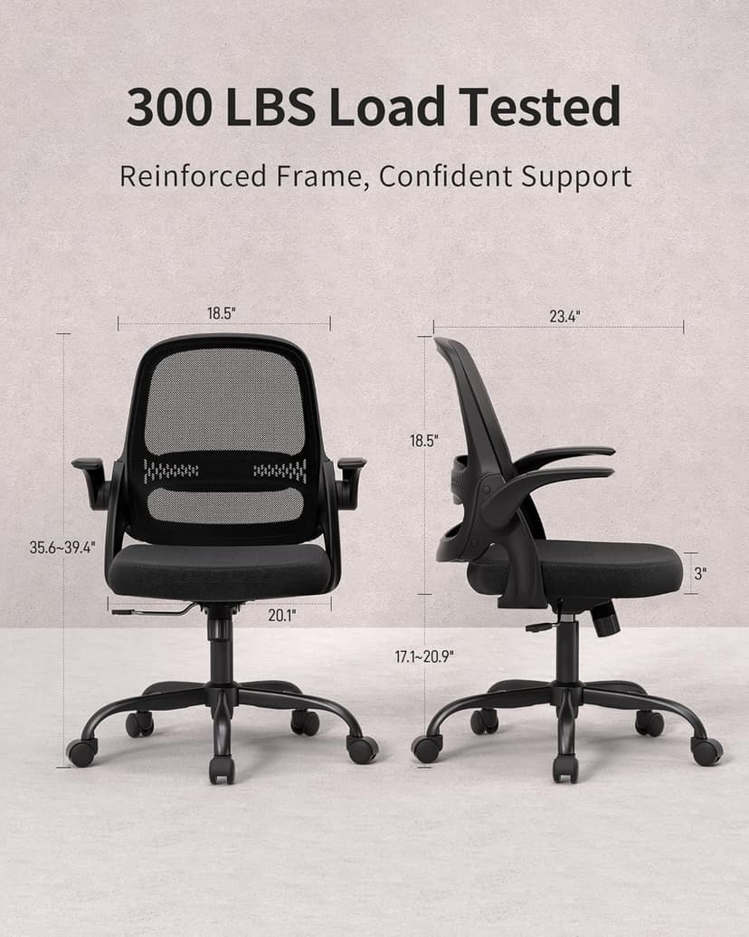Ergonomic Mesh Office Chair with Flip-Up Arms, Adjustable Height, Breathable Mesh Back & Thick Cushion Seat, 360° Swivel Rolling Computer Desk Chair, BIFMA Certified, Supports 300 lbs (Black)