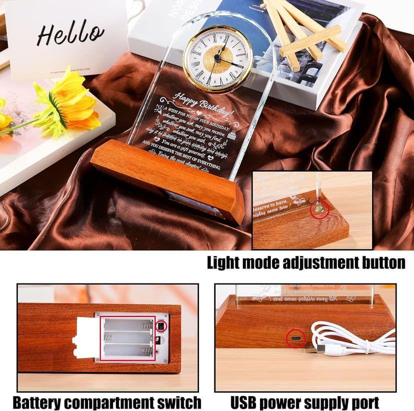 Unique Birthday Keepsake, Wooden LED Light Base, Presents for Daughter Son Mom Dad Granddaughter Friends, Home Office Decor Arikyrist Happy Birthday Gifts for Women Men Glass Quartz Clock for Him Her B0GJ4XSTVF
