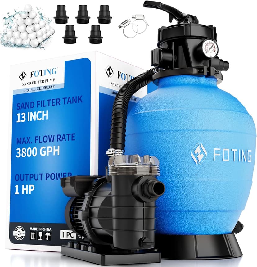 FOTING Sand Filter Pump for Above Ground Pool, Pool Sand Filter with Timer, 7-Way Multi-Port Valve, Pool Pumps Above Ground, 13in 1HP 3800GPH for 13000GAL Pool