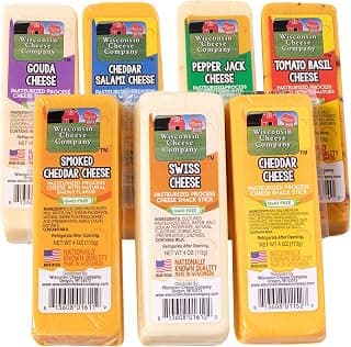 Wisconsin Cheese Company - Specialty 100% Wisconsin Cheese Block Assortment Sampler - (Pack of 7 Blocks) Cheddar, Pepper Jack, Swiss, Gouda, Salami, Smoked Cheddar & Tomato Basil | Locally Sourced | Perfect for Parties, Charcuterie Boards and Birthday Gifts | Great Birthday Gift for Cheese Lovers