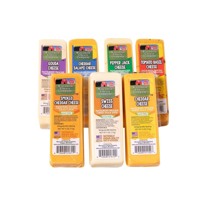 Wisconsin Cheese Company - Specialty 100% Wisconsin Cheese Block Assortment Sampler - (Pack of 7 Blocks) Cheddar, Pepper Jack, Swiss, Gouda, Salami, Smoked Cheddar & Tomato Basil | Locally Sourced | Perfect for Parties, Charcuterie Boards and Birthday Gifts | Great Birthday Gift for Cheese Lovers