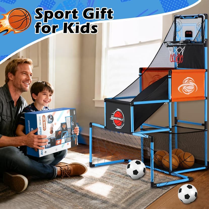 2 in 1 Basketball Arcade Game & Soccer Goal for Kids, Adjustable Kid Basketball Hoop with 6 Balls and Pump, Indoor Outdoor Games for Kid Toys for 3-12 Year Old Kids Birthday Gifts for Boys Girls