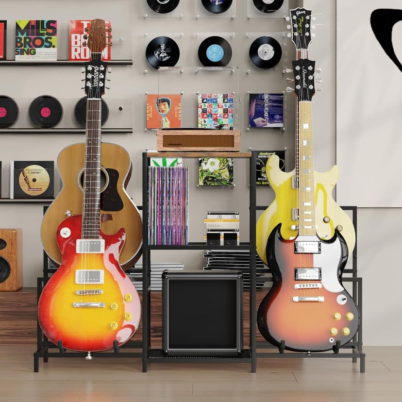 VGMiu Guitar Rack Multi Guitar Stand for Multiple Guitars, Multiple Guitar Rack Holder with 3 Tier Shelf for Acoustic, Electric Guitar, Bass, Record Player, Guitar Display Stand for Home Music Studio