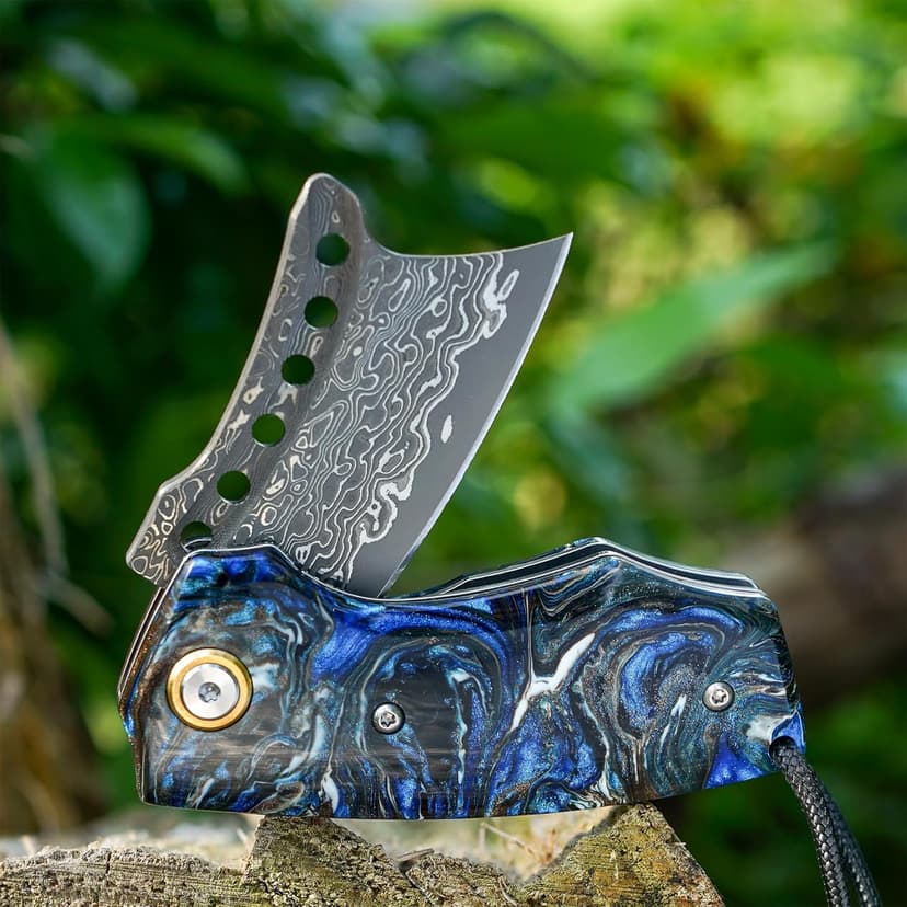 VNLA Handmade VG10 Damascus Steel Folding Pocket Knife - 2.2-Inch Blade, Liner Lock, One-of-a-Kind Random Resin Handle, Cowhide Sheath - Premium Men's EDC Gift for Outdoor Enthusiasts