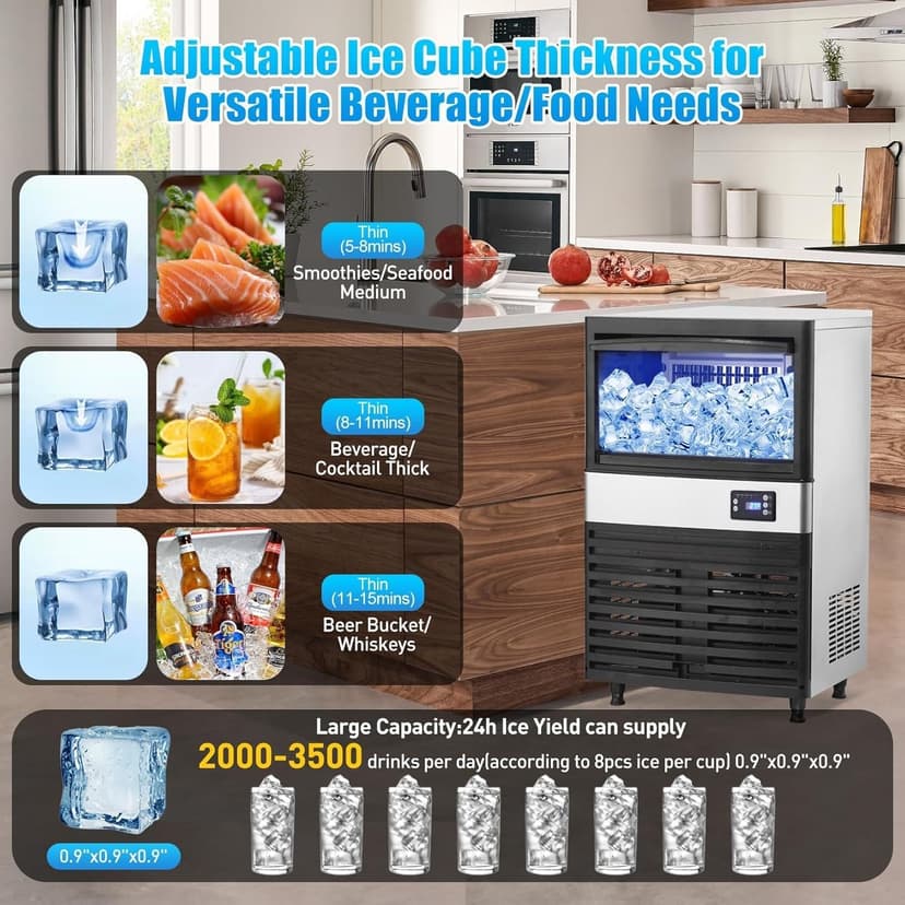 Commercial Ice Maker Machine, 150lbs/24H, 30 Lbs Ice Storage Bin, Fast Making Ice in 5-15 Mins, Auto-Clean, Timer Function, Freestanding or Undercounter for Restaurant,Coffee Shop, Food Truck and Bar