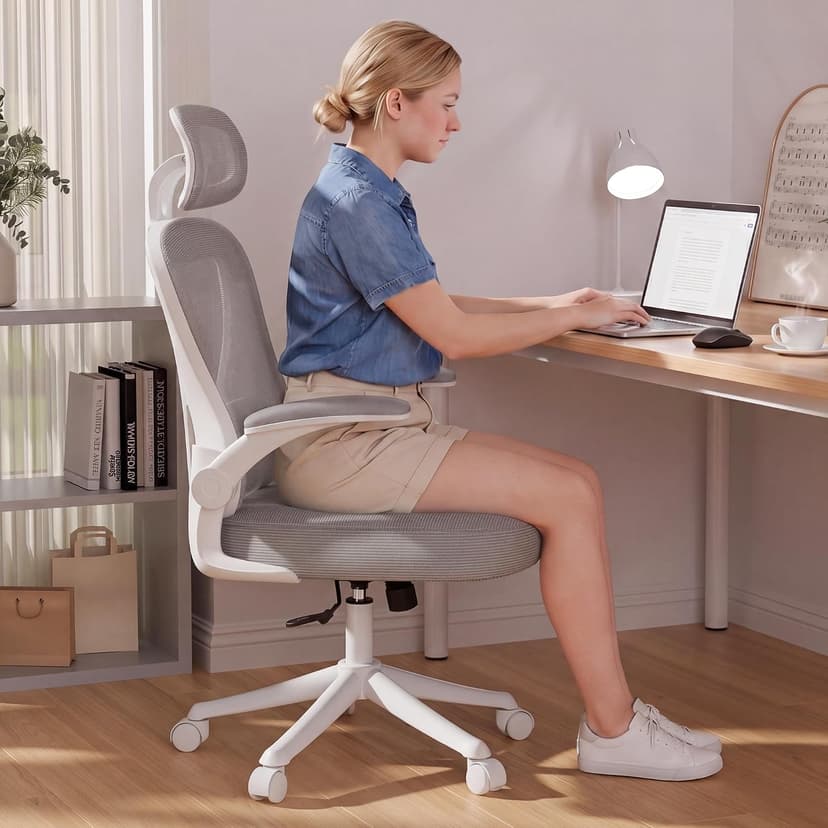 SeekFancy Ergonomic Office Chair M903, Computer Desk Chair with Wheels, High Back Mesh Office Chair with Adjustable Lumbar Support, Headrest, Flip-Up Armrests, White Grey