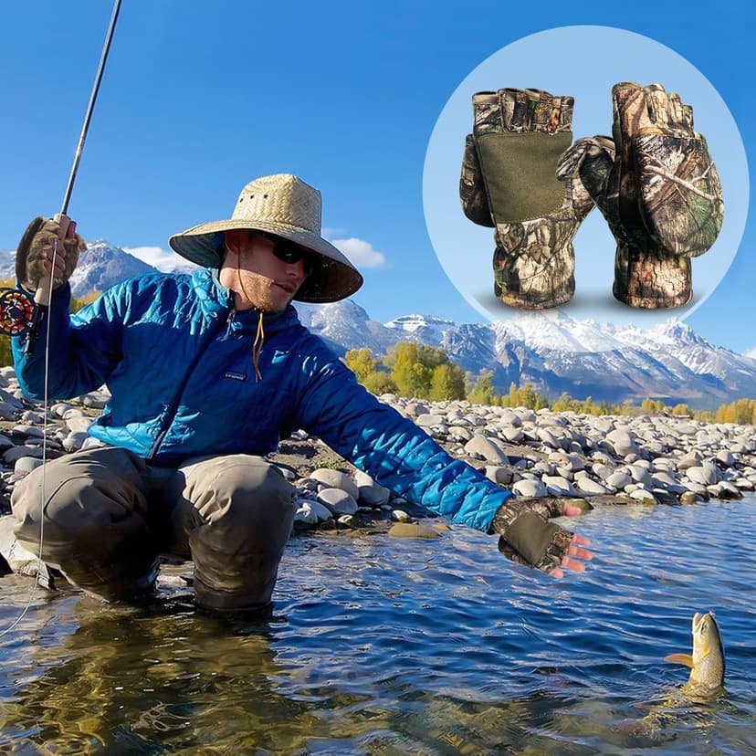 Favuit Camouflage Hunting Gloves Convertible Fingerless Mittens Pro Anti-Slip Windproof Camo Glove Archery Accessories for Hunting Camping Hiking Climbing Outdoors Gear