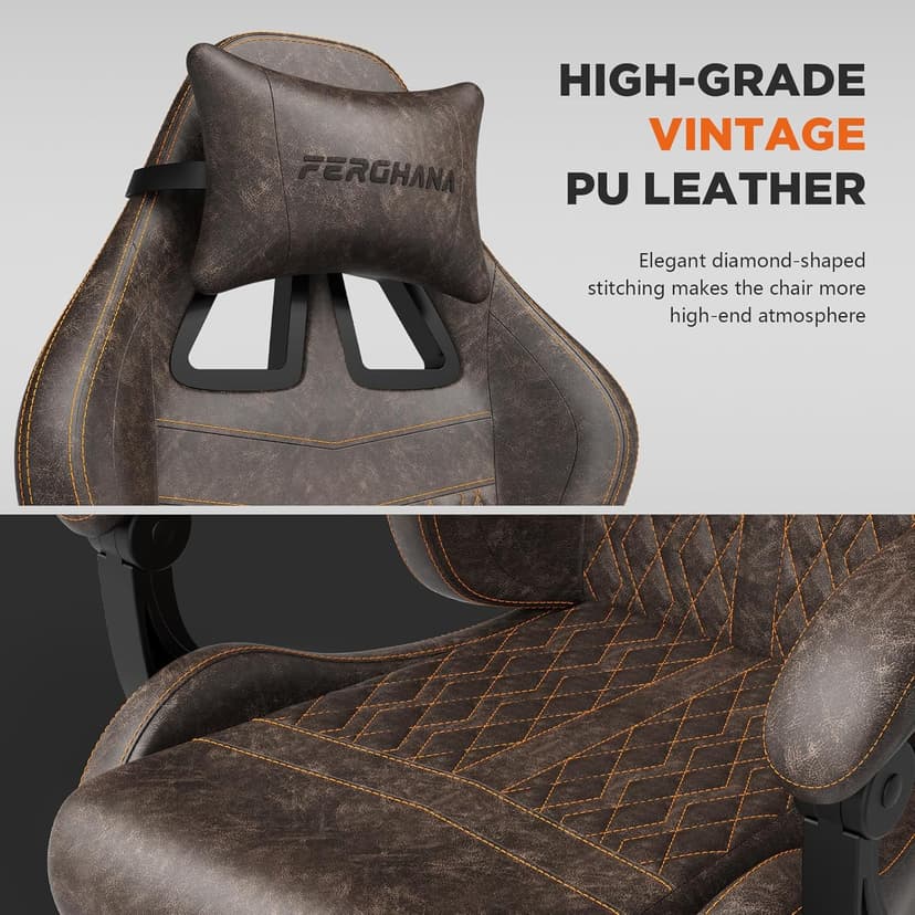 Ferghana Vintage PU Leather Gaming Chair, Ergonomic Gamer Chair with Massage, High Back Computer Office Chair with Footrest for Adults, Racing Style Reclining Video Game Chair (Brown)