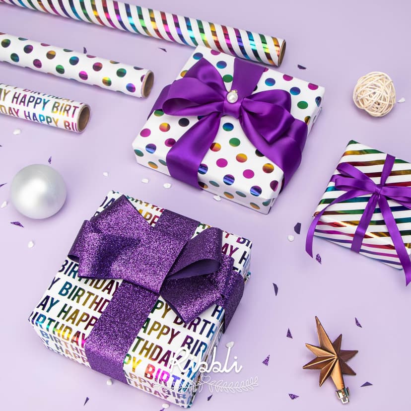 Ribbli Birthday Wrapping Paper Iridescent Gift Wrapping Paper Mini Roll, 3 Rolls Happy Birthday Polka Dots Stripes Printed Assortment - 17 inch x 120 inch(10feet) Per Roll B0CBRVLFSY