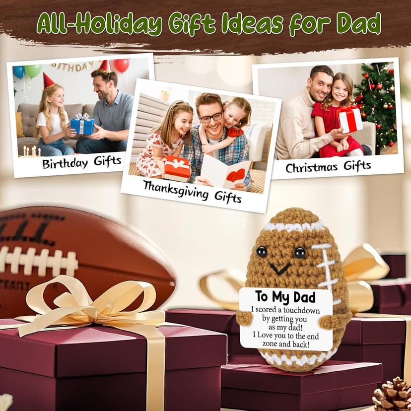 Dad Gifts from Daughter Son Wife, Positive Handmade Crochet Dad Birthday Gift, Funny Cute Small Gifts for Dads, I Love You Girl Papa Gift Idea, Unique Doll for Step-Dads Football
