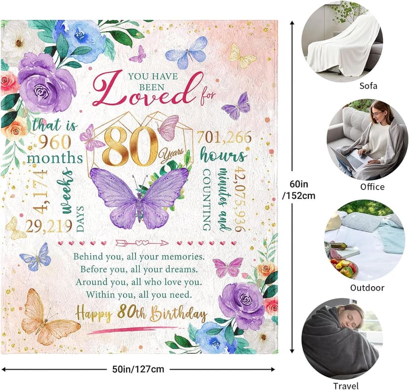 ZWERIVP 80th Birthday Gifts for Women, Best Present for 80 Year Old Woman Birthday, 1945 Present for Women Mom, Happy 80yr Bday Gifts Ideas, 80th Woman Bday Decorations Throw Blanket 50"X60"