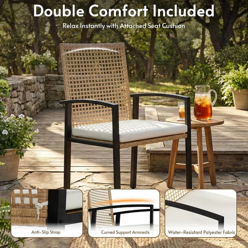 7-Piece Outdoor Dining Set for 6, Patio Dining Set with Hand-Woven Wicker Chairs & Cushions, 60" x 33" x 30" Wider Aluminum Woodgrain Table for Deck, Garden, Backyard