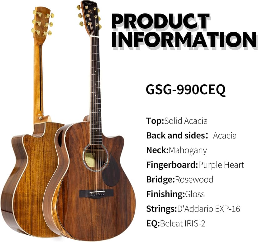 TARIO 41'' Electric Acoustic Antique Guitar Solid Acacia Top Acacia Back and Sides Mahogany Neck