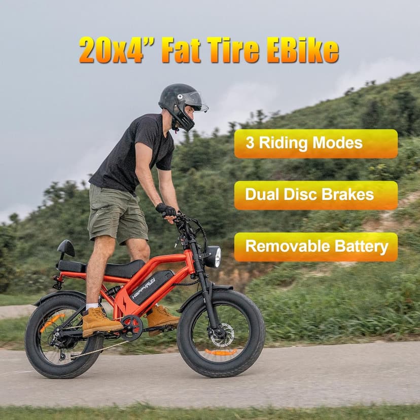 HAPPYRUN 1500W Electric Bike for Adults, 48V 18Ah Removable Battery, 20" Fat Tire E-Bike, 32MPH & 68+ Miles Range, 7-Speed Transmission, All-Terrain Mountain Ebike for Men & Women (Orange-red)