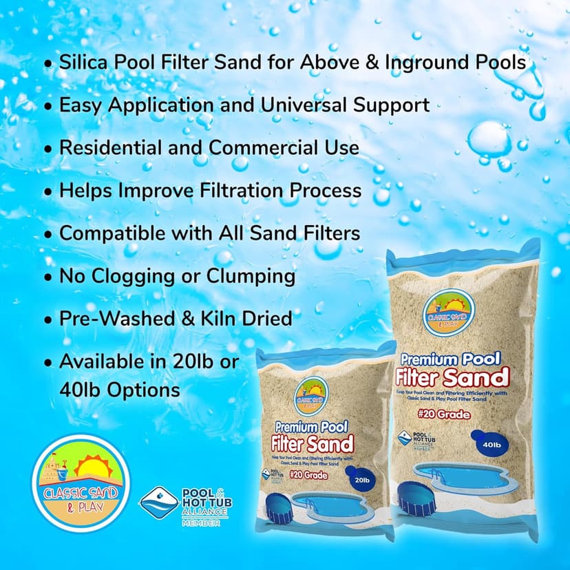 CLASSIC SAND & PLAY Swimming Pool Filter Sand for Above & Inground Pools, 20 lbs, Supports Residential and Commercial Filtration Systems, Premium Efficient Silica, No Clogging or Clumping, #20 Grade