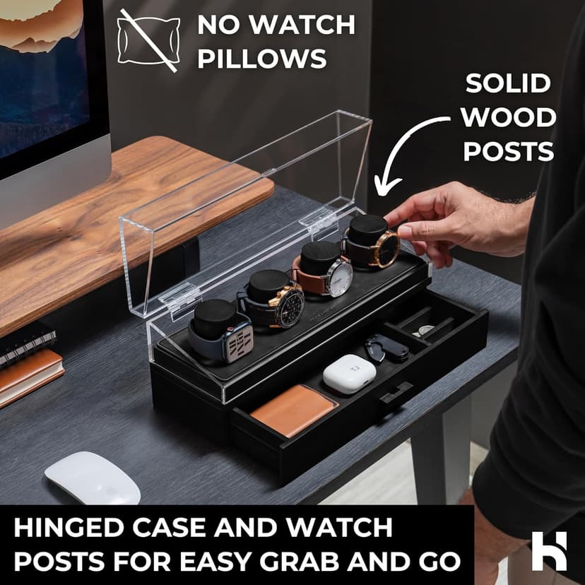 Holme & Hadfield Premium 4-Slot Wooden Watch Display Case – Handcrafted Men’s Watch Box with Accessory Drawer, Hinged Cover, Leather Lining – Birthday Gift for Collectors – Luxury Built to Last