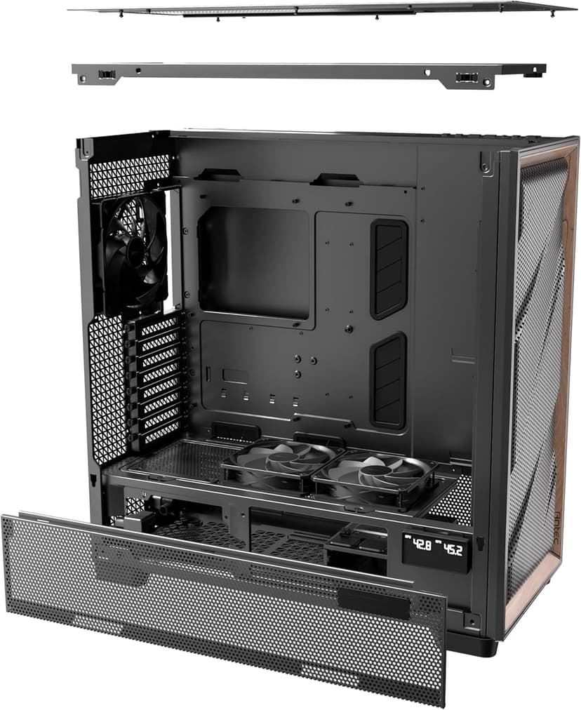 Antec Flux Pro, 6 x PWM Fans Included, High-Airflow Front Panel with Walnut Wood, iShift PSU 90° Mount, USB3.0 x 2, Type-C, 420mm Radiator Support, Temp. Display, Full-Tower E-ATX PC Case
