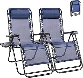 NEWBULIG Zero Gravity Chair Set of 2, Lounge Chair Folding Portable Adjustable Camping Reclining Chairs with Adjustable Pollow, Mesh Back, Cup Holder Trays Lawn Patio Chair for Pool Beach - Blue