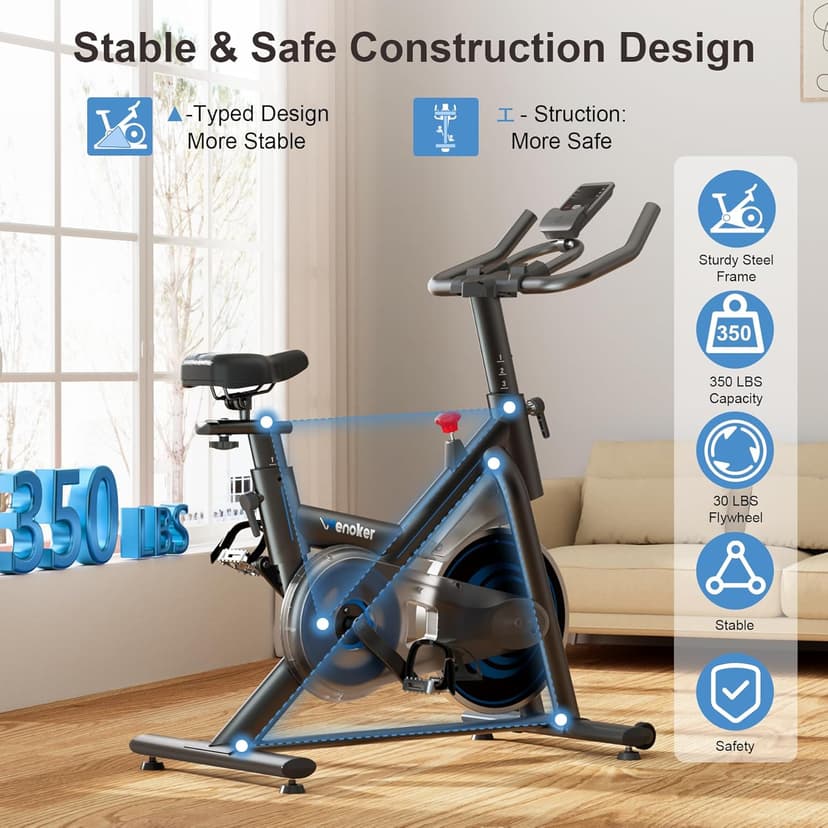 Exercise Bike for Home – 350LB Magnetic Resistance Indoor Cycling Bike, Silent Stationary Spin Bike with App Sync, Adjustable Seat, LCD Monitor, Smooth & Quiet for Cardio Workout
