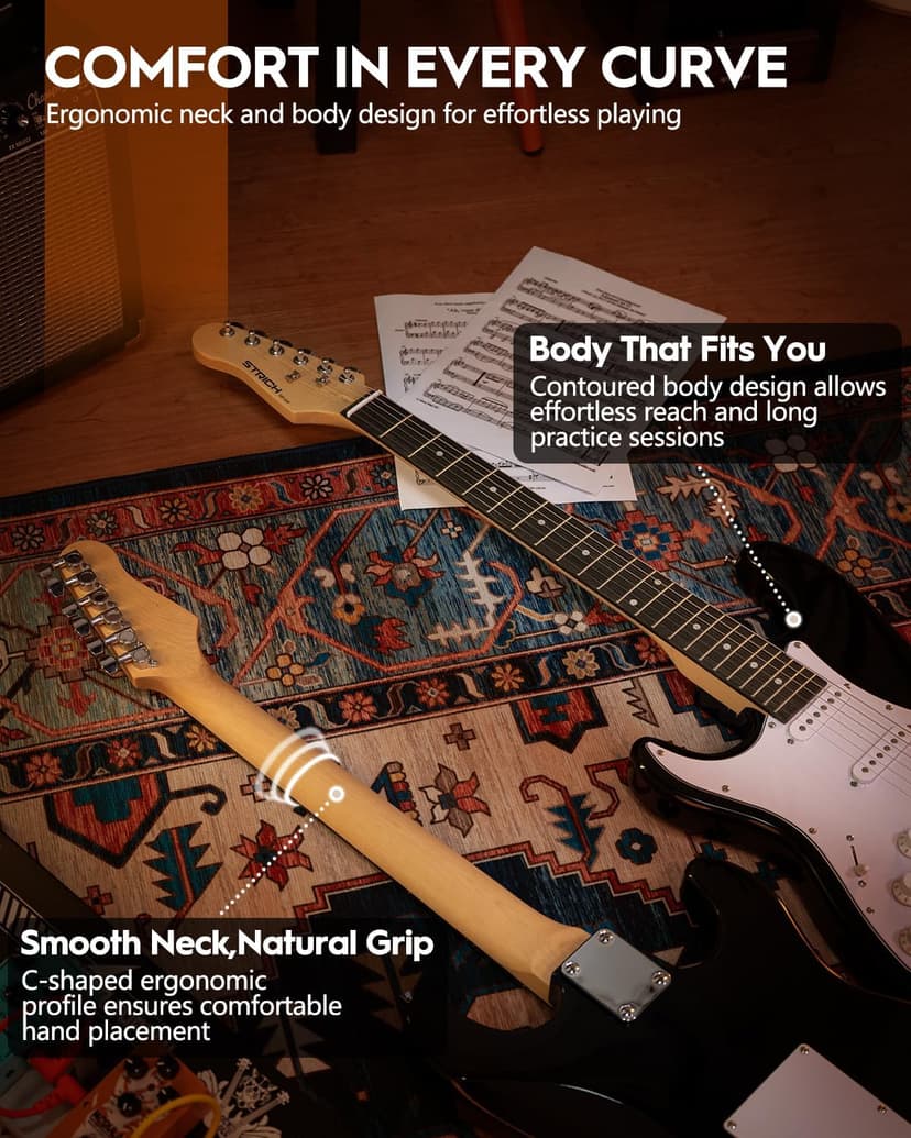 STRICH Electric Guitar Left Hand Beginner Kit, Solid Body 39" Electric Guitar HSS Pick Up for Starter, with 5W x 2 Amp, Bag, Digital Tuner, Capo, Strap, String,Cable, Picks, SST-S20L Black