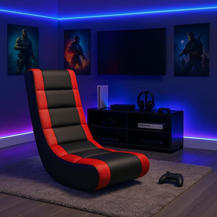 The Crew Furniture Classic Video Rocker Floor Gaming Chair, for Kids and Teens, PU Faux Leather & Polyester Mesh, Black/Red