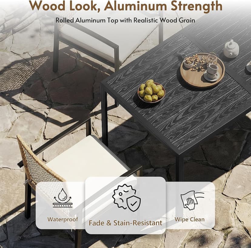 7-Piece Outdoor Dining Set for 6, Patio Dining Set with Hand-Woven Wicker Chairs & Cushions, 60" x 33" x 30" Wider Aluminum Woodgrain Table for Deck, Garden, Backyard