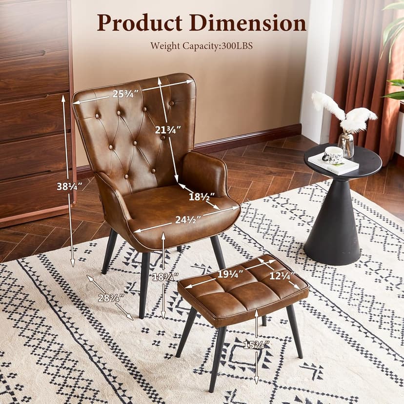 Furniliving PU Leather Accent Chair with Ottoman, Upholstered Reading Chair with High Backrest, Tufted-Button Wingback Armchair for Bedroom, Dressing Room, Home Office, Brown
