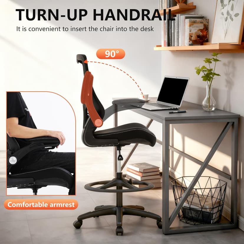 BestOffice Drafting Chair Ergonomic Tall Office Chair Standing Desk Chair with Flip Up Arms Foot Rest Back Support Adjustable Height Mesh Drafting Stool, Dark Black