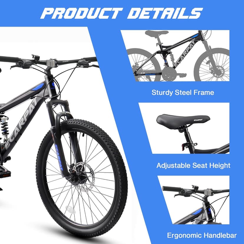 24/26/27.5 Inch Wheel Mountain Bike, 21 Speed MTB Bike with Full Suspension, Steel Frame and Dual Disc Brakes, Adult Mens Outdoor Cycling Mountain Bicycle