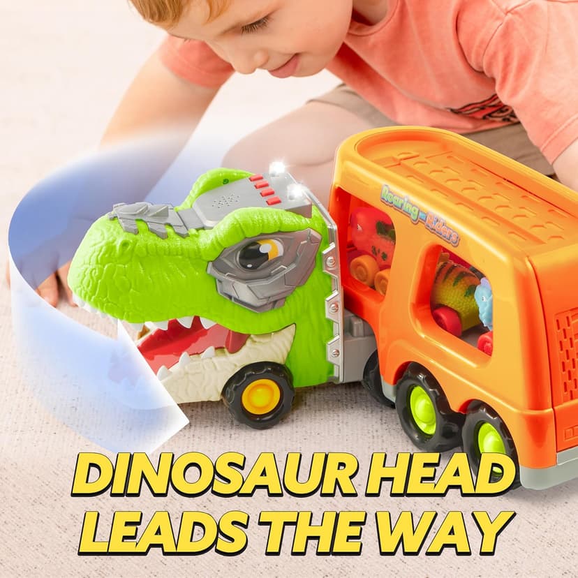 JOYIN Dinosaur Toys for Kids 2-4, Toddler Boy Toys, Dinosaur Carrier Truck with 6 Rubber Car Vehicles, Christmas Birthday Gifts with Music & Lights for 2 3 4 5 Year Old
