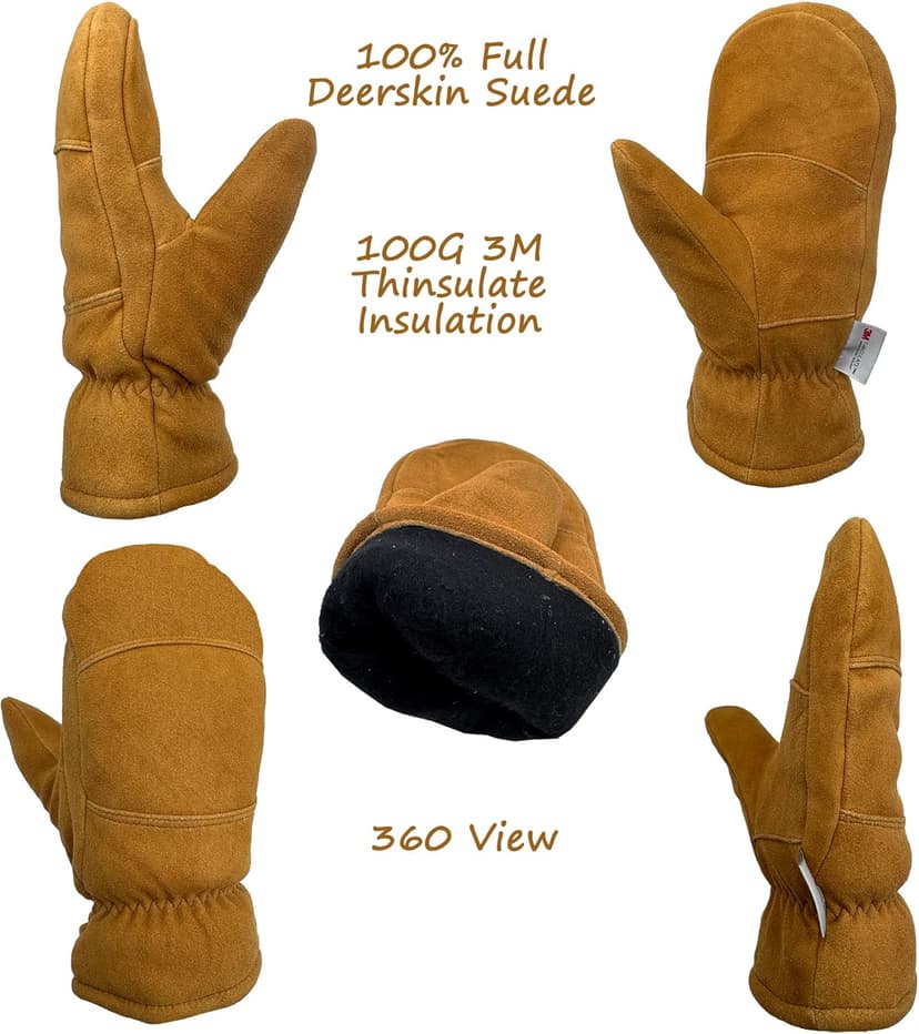 SKYDEER Premium Full Deerskin Suede Leather Soft Winter Mittens, Extra Warm 100G 3M Thinsulate, Thermal Insulated (SD3671M)