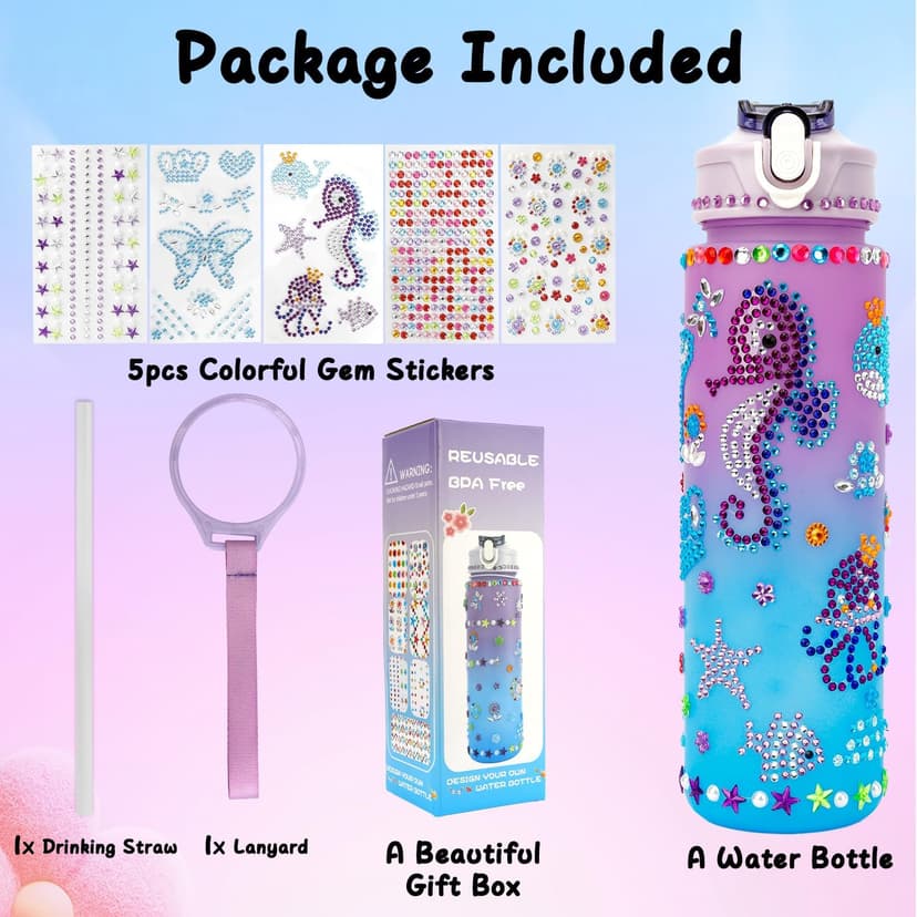 muyurra Christmas Gift for Girls Decorate Your Own Water Bottle Kits for Girls Age 4-12, Girl Water Bottle DIY Arts and Crafts Kits Supplies Christmas Birthday Gifts for Girl 4 5 6 7 8 9 10 Year Old