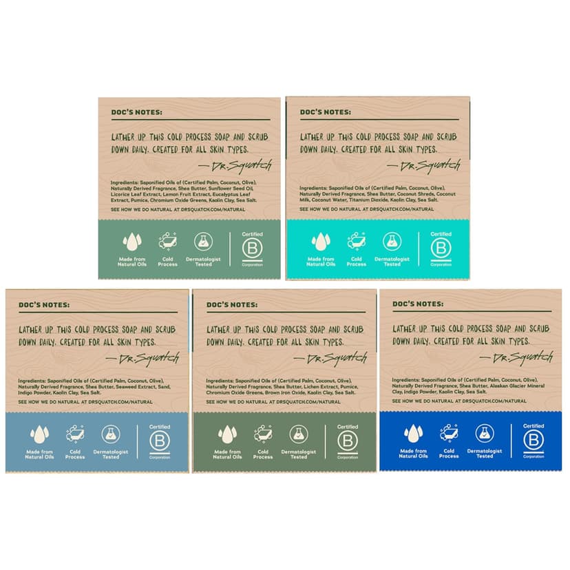 Cleansing Cold Process Soap, Gifts for Men (Coastal Mist, Fresh Falls, Sierra Storm, Rainforest Rapids & Coconut Castaway) Dr. Squatch Natural Men’s Bar Soap, Body Soap Bar (5oz, 5-Pack) B0F197LRLH