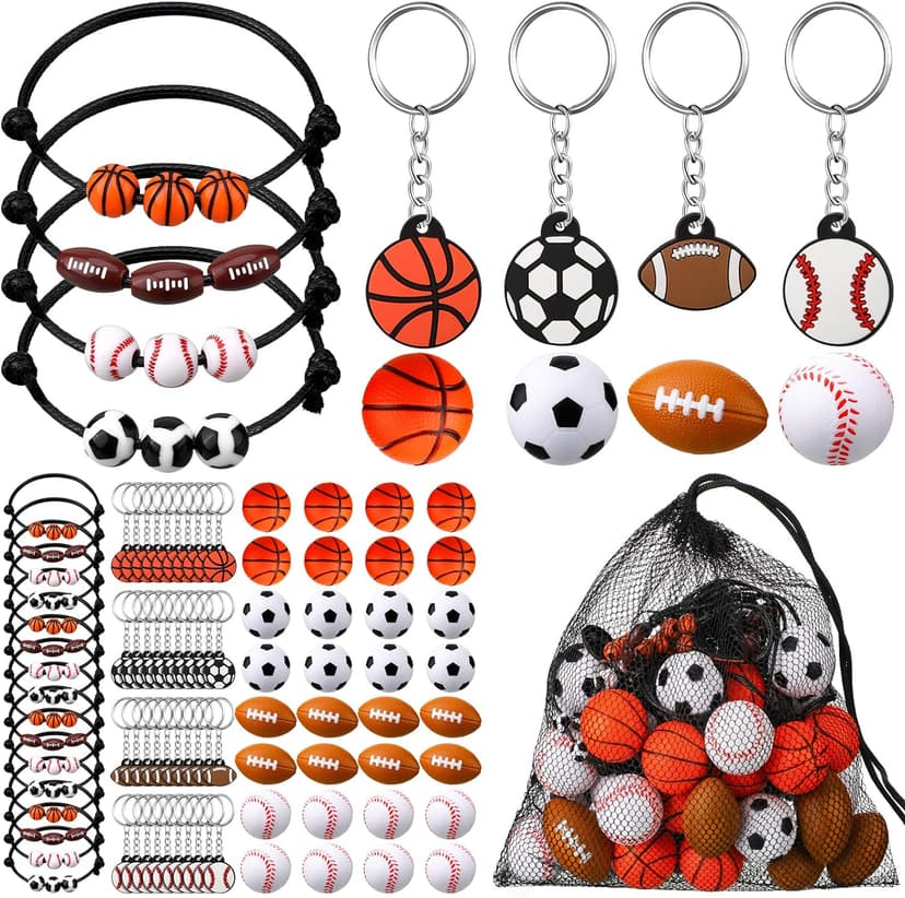 Nosiny Sportball Party Favors - 108 Pcs Bulk Set Including 36 Keychains, 36 Stress Balls & 36 Charm Bracelets for Team Birthday Parties