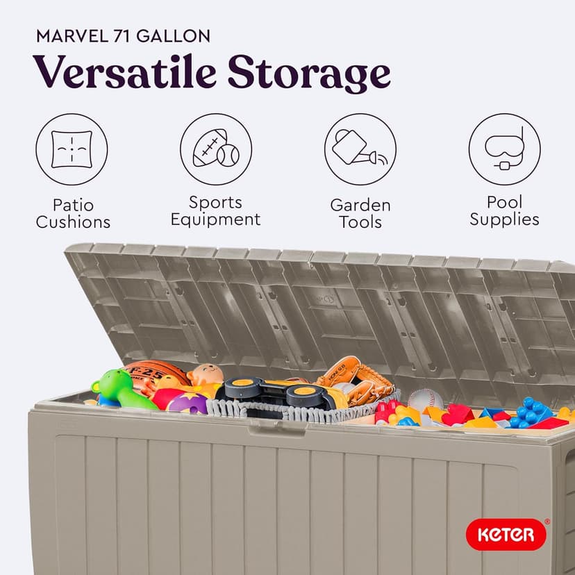 Keter Marvel Plus 71 Gallon Resin Outdoor Storage Box for Patio Furniture Cushions, Throw Pillows, Garden Tools and Pool Floats, Beige