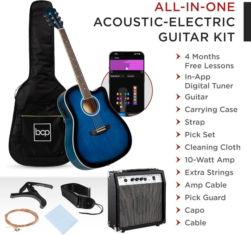 Best Choice Products Beginner Acoustic Electric Guitar Starter Set w/ 41in, All Wood Cutaway Design, Gig Bag, Strap, Picks - Blue