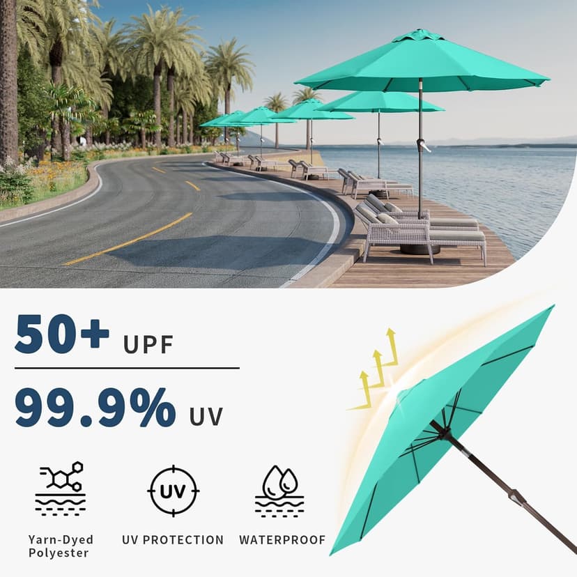 9FT Patio Umbrella with Fiberglass Ribs, Outdoor Market Table Umbrella with Crank and Tilt, UV Resistant Waterproof Canopy for Patio, Garden, Deck, Pool, Turquoise Blue