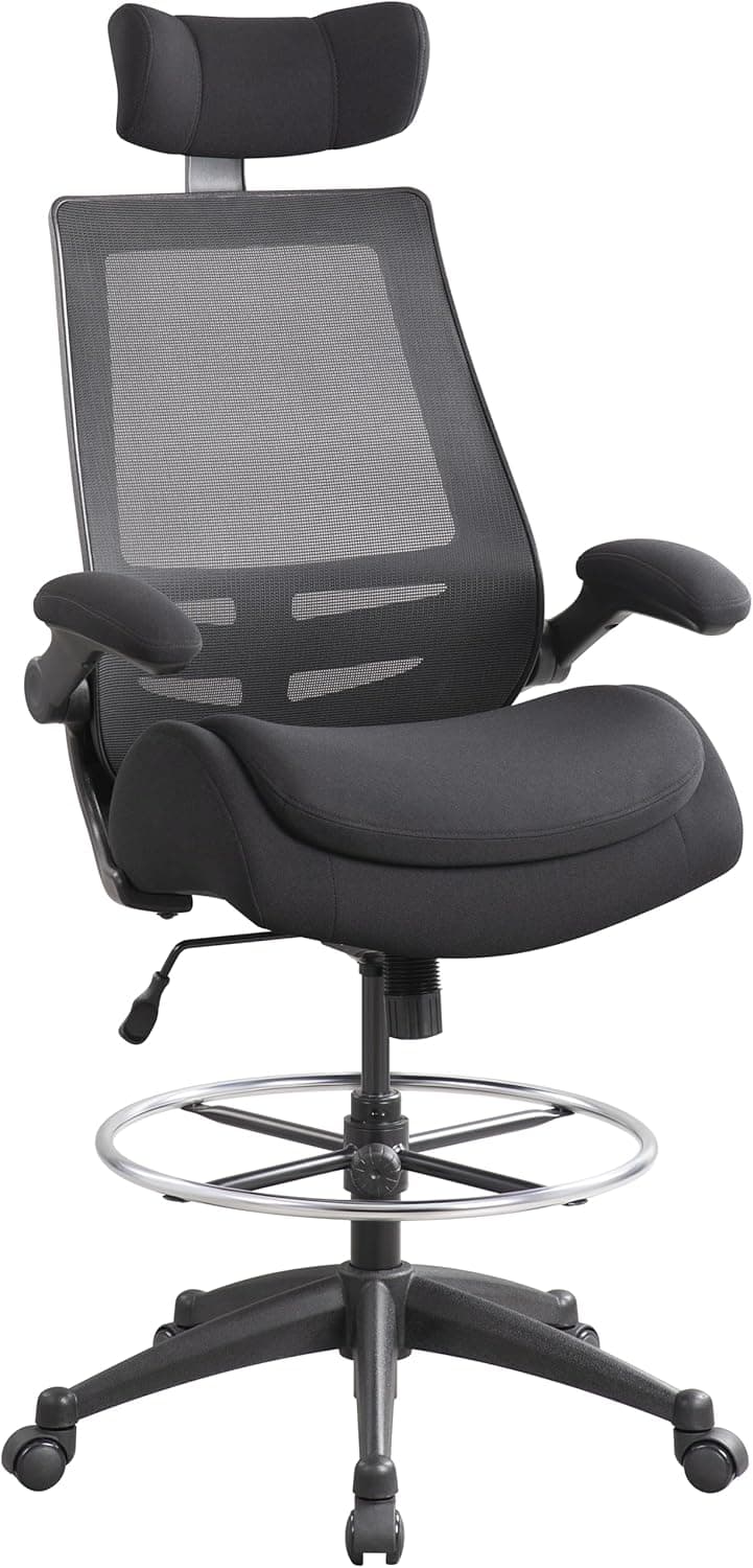 BOLISS Big and Tall Drafting Chair 400lbs - High Back Ergonomic Office Chair for Standing Desk with Double Thick Seat Cushion, Adjustable Foot Ring, Lumbar Support & Flip Up Armrests (Black)